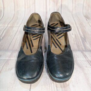 FLY London Green Blue Leather Suede Mary Jane Wedge Heels